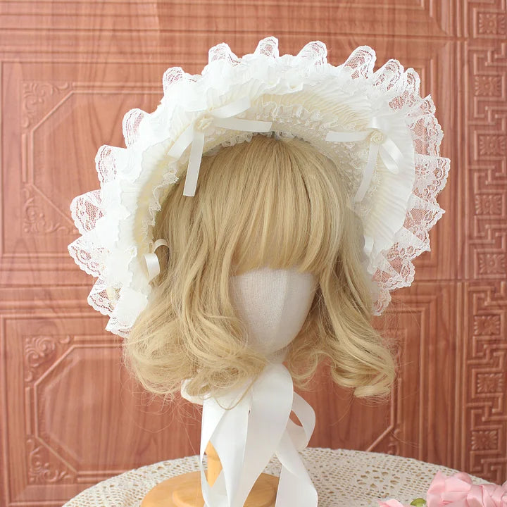 Lolita Accessories Gothic Bonnet Hat Lace Bow White Pastoral Cute Headwear 3 Colors