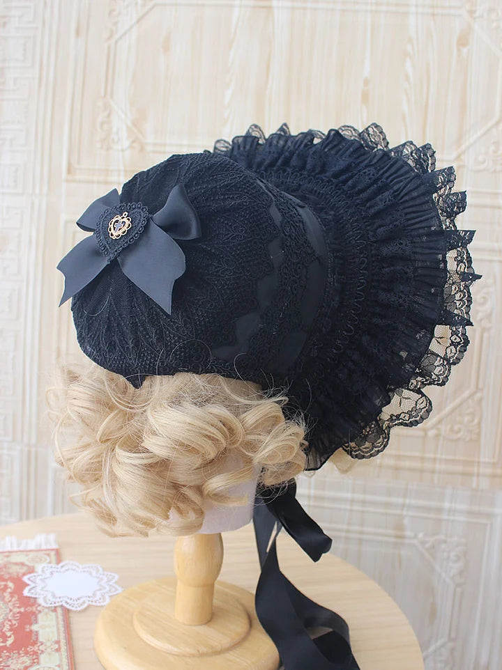 Lolita Accessories Gothic Bonnet Hat Lace Bow White Pastoral Cute Headwear 3 Colors
