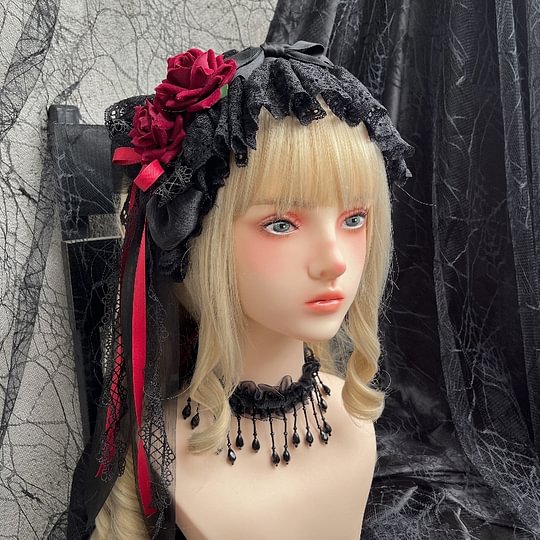 Lolita Accessories Gothic Burgundy Rose Black Hat Lace Dark Hairpins Headwear