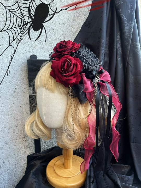 Lolita Accessories Gothic Burgundy Rose Black Hat Lace Dark Hairpins Headwear