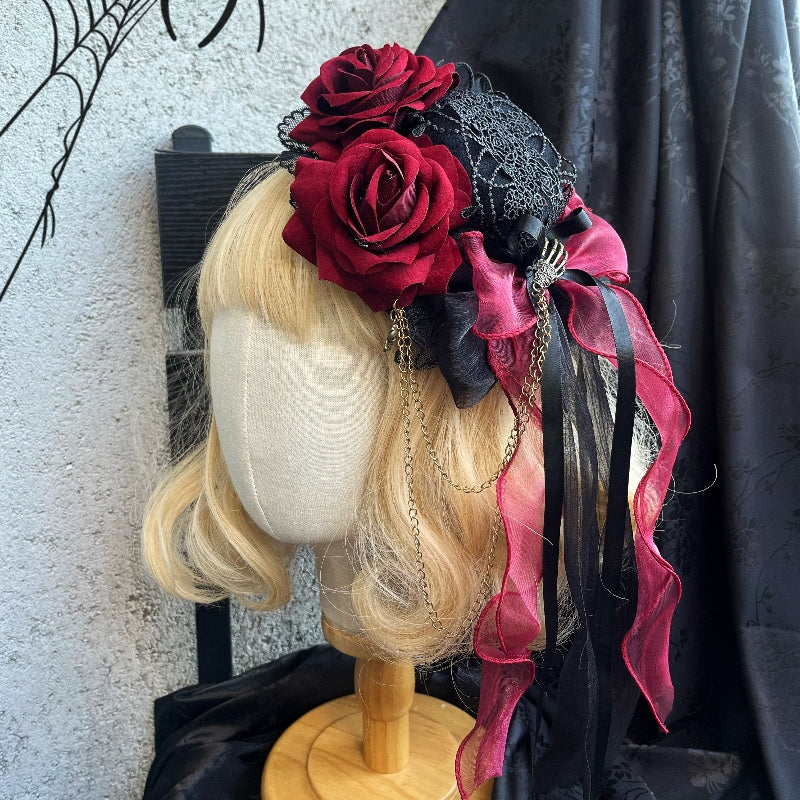 Lolita Accessories Gothic Burgundy Rose Black Hat Lace Dark Hairpins Headwear