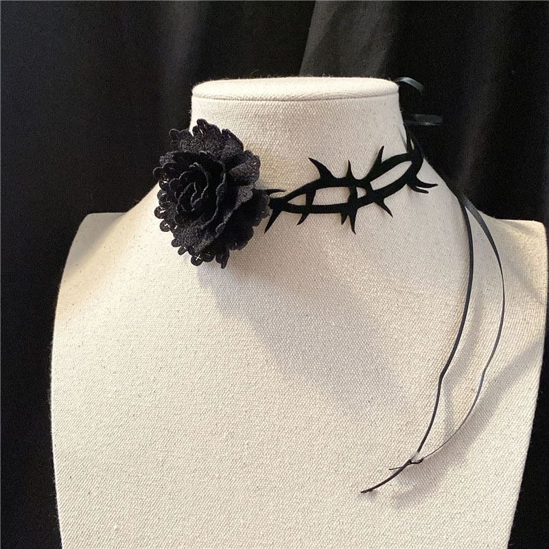Lolita Accessories Gothic Dark Black Rose Straps Thorns Lace Necklace