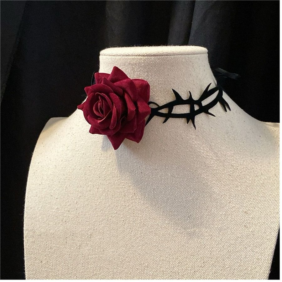Lolita Accessories Gothic Dark Black Rose Straps Thorns Lace Necklace