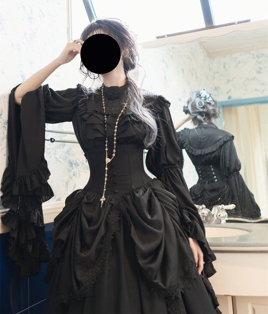 Gothic Prom Lolita Ruffles Black Long Skirt Court Style for Costume Halloween
