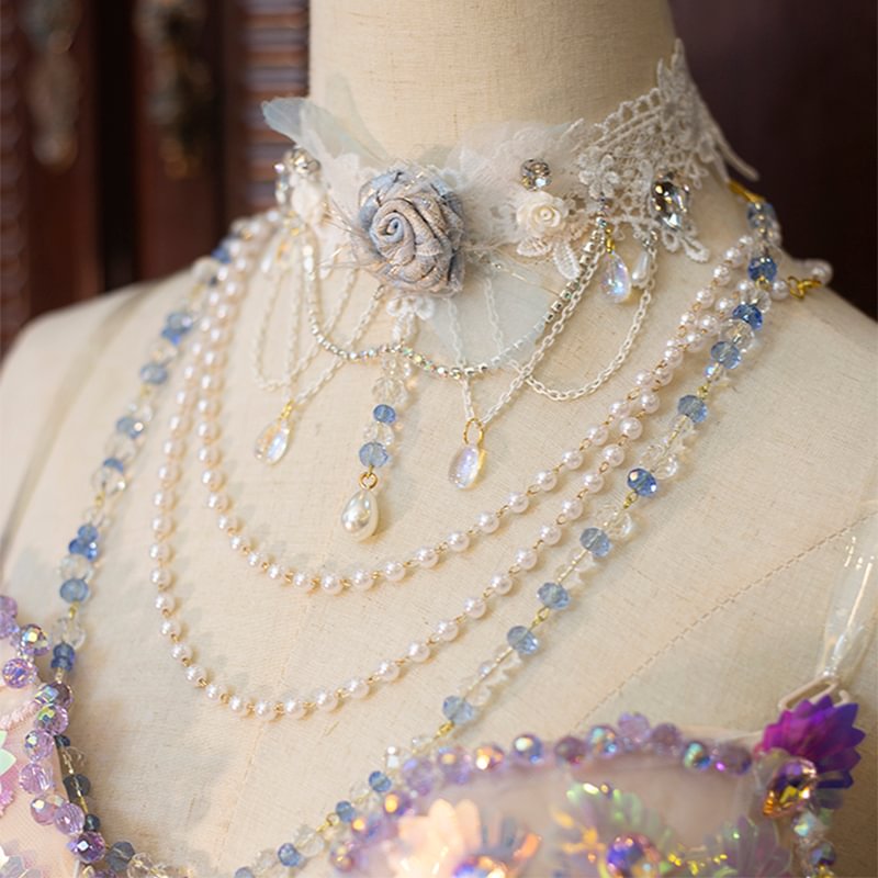 Lolita Accessories Handmade Choker Pearl Crystal Rose Lace Necklace