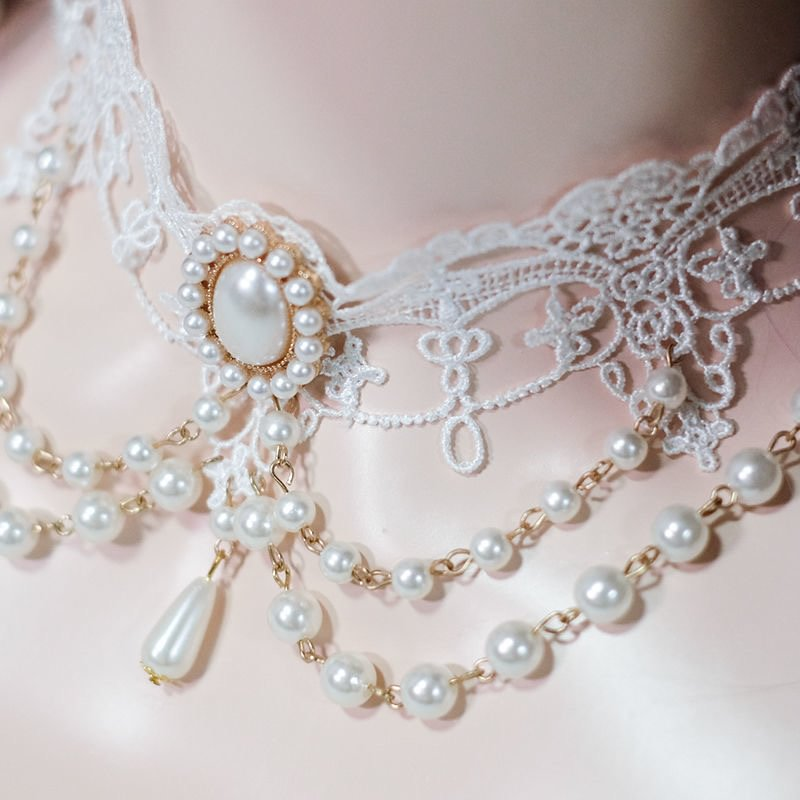 Lolita Accessories Multi-layer Lace White Pearl Necklace Court Style Choker
