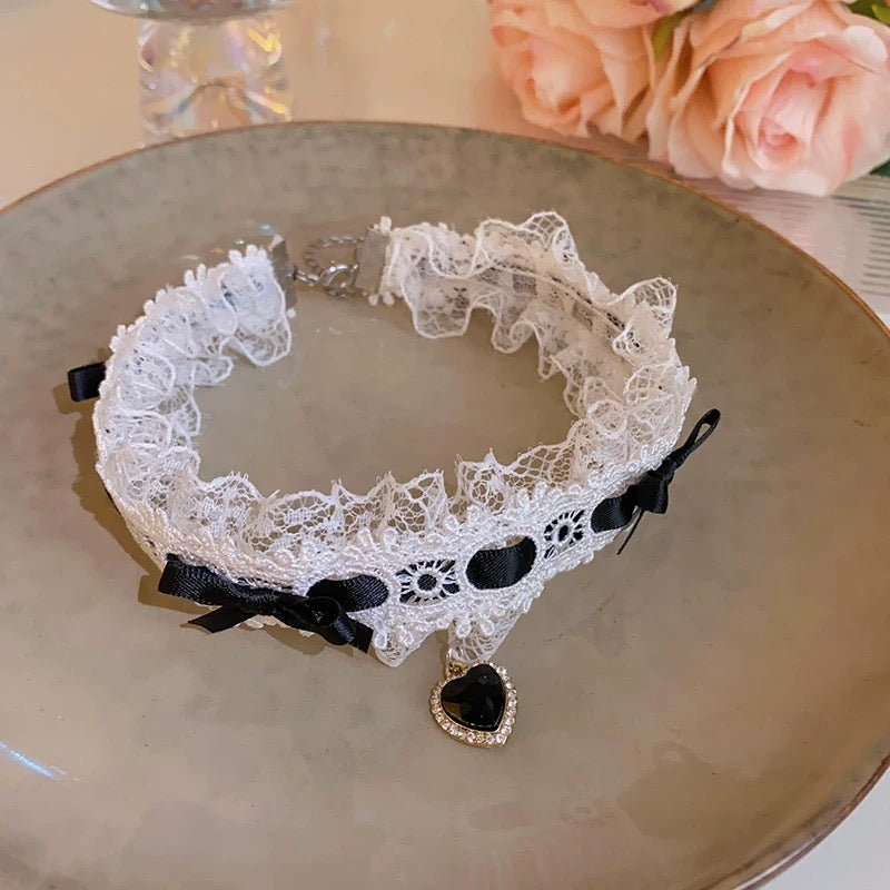 Lolita Accessories Sweet Choker Love Heart Necklace with Bowknot Lace 2 Colors