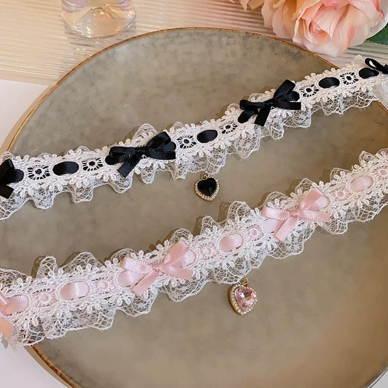 Lolita Accessories Sweet Choker Love Heart Necklace with Bowknot Lace 2 Colors