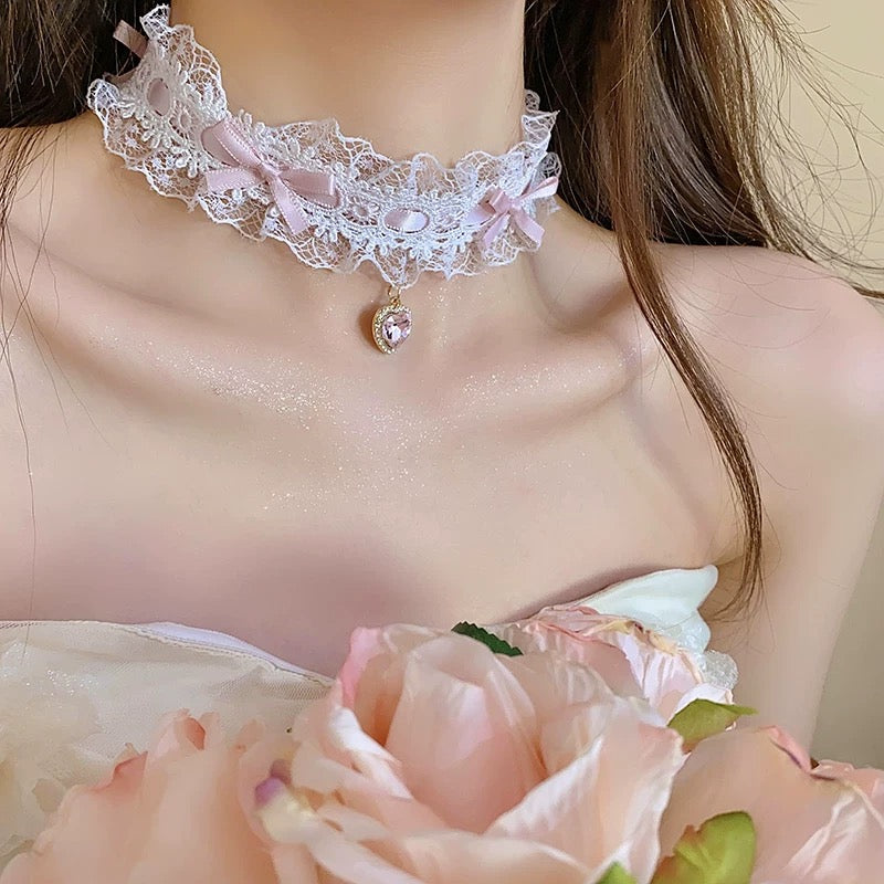 Lolita Accessories Sweet Choker Love Heart Necklace with Bowknot Lace 2 Colors