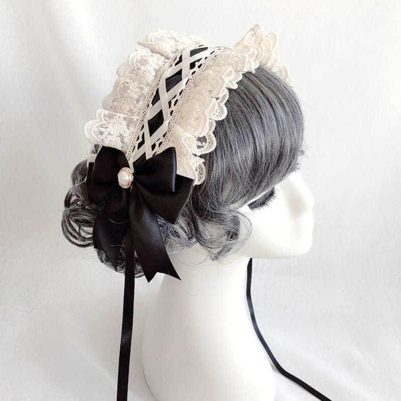 Lolita Accessories Sweet Hairband with Ruffle Lace Pearl Bowknot Hair 3 Colors