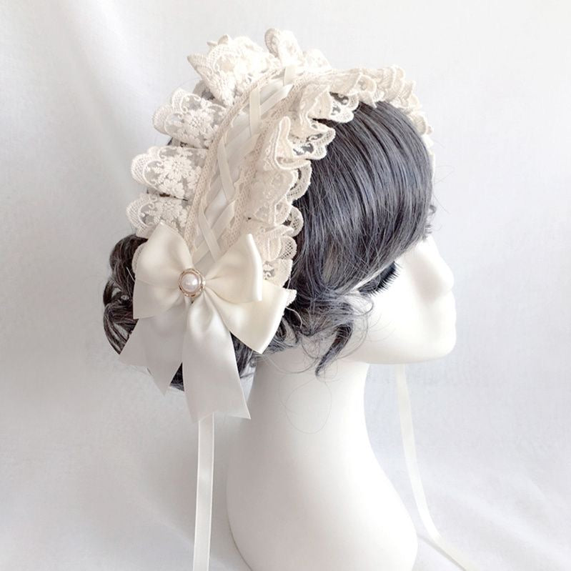 Lolita Accessories Sweet Hairband with Ruffle Lace Pearl Bowknot Hair 3 Colors