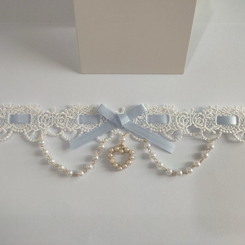 Lolita Accessories Sweet Necklace with  Pearl Bow Choker Lace Macaron 2 Colors