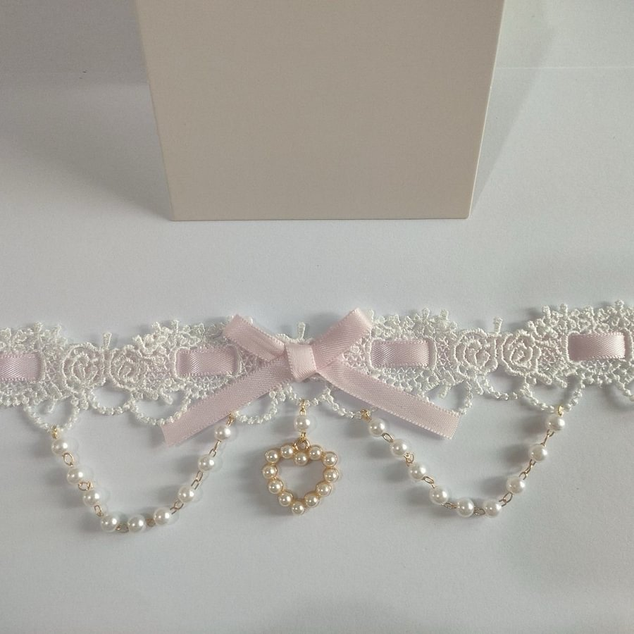 Lolita Accessories Sweet Necklace with  Pearl Bow Choker Lace Macaron 2 Colors