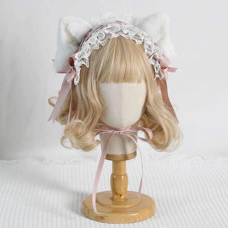 Lolita Accessories Sweet Pink Cat Ears Hairband with Bow Ruffle Hairpins