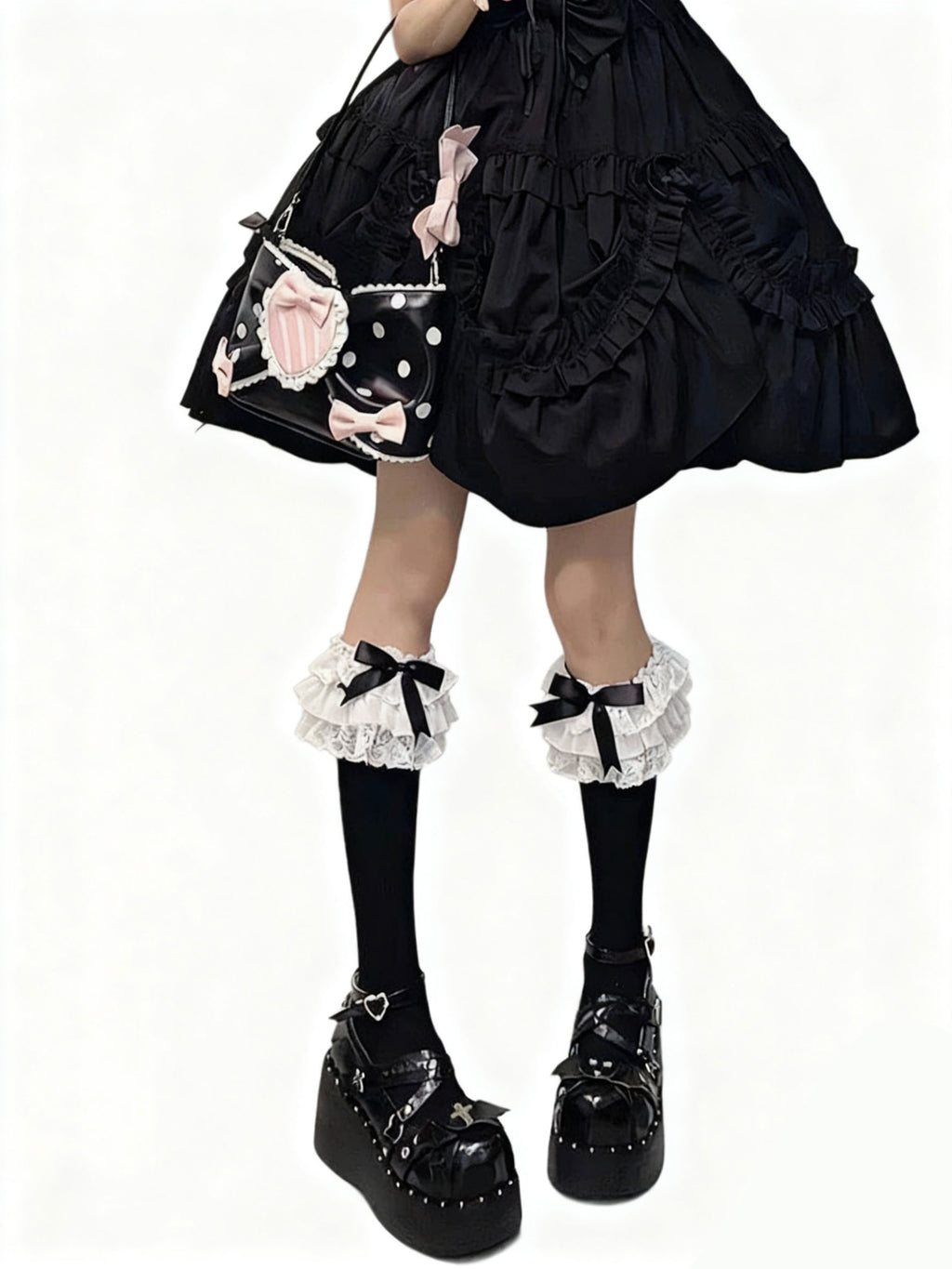 Lolita Accessories Sweet Ruffles Stockings with Bow Lace Bow Calf Socks