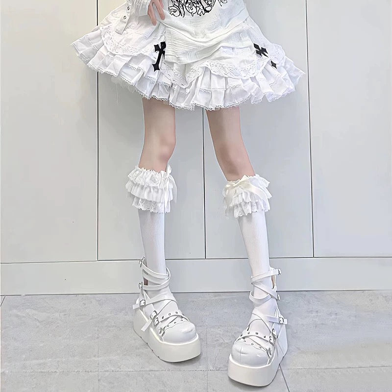 Lolita Accessories Sweet Ruffles Stockings with Bow Lace Bow Calf Socks