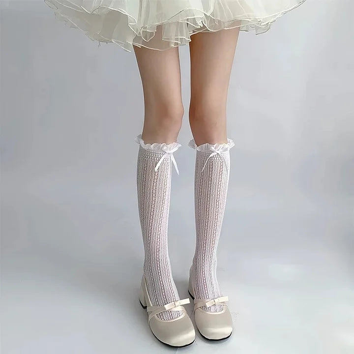Lolita Accessories Sweet Thin Stockings With Bow Lace Hollow Calf Socks 2 colors