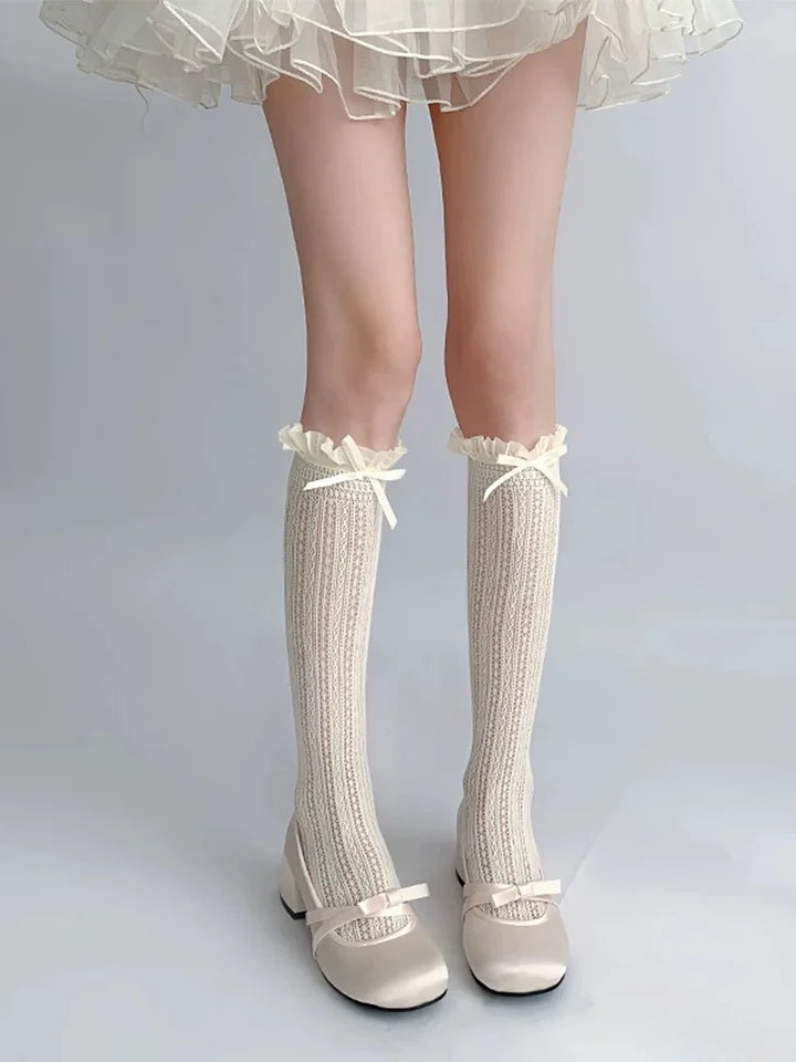 Lolita Accessories Sweet Thin Stockings With Bow Lace Hollow Calf Socks 2 colors