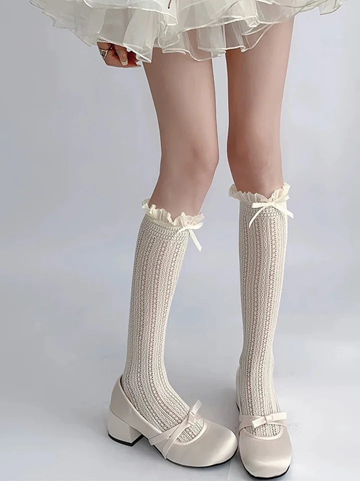 Lolita Accessories Sweet Thin Stockings With Bow Lace Hollow Calf Socks 2 colors