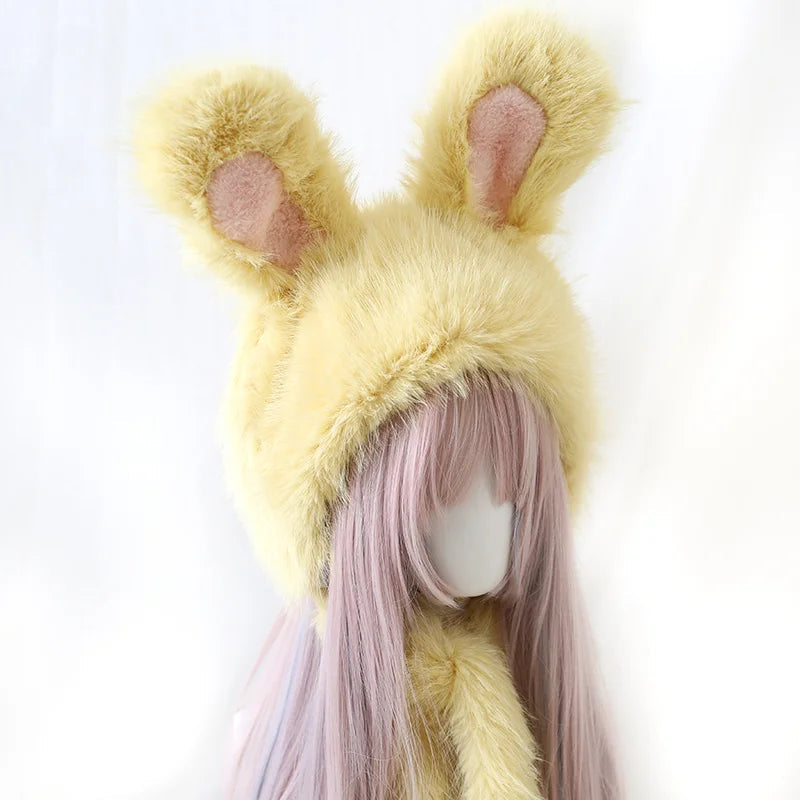 Lolita Accessories Sweet Ear Yellow Cute Rabbit Ear Plush Warm Hat 3 Colors