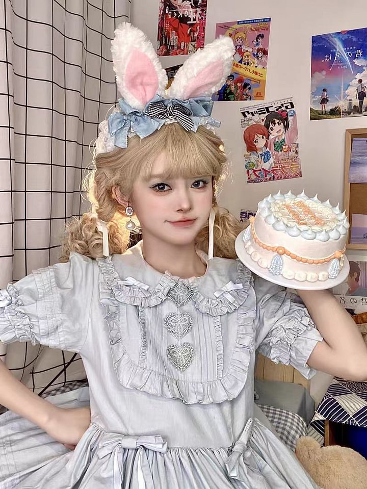 Lolita Accessories Velvet Light Blue Rabbit Ears Ruffle Headband for Spring