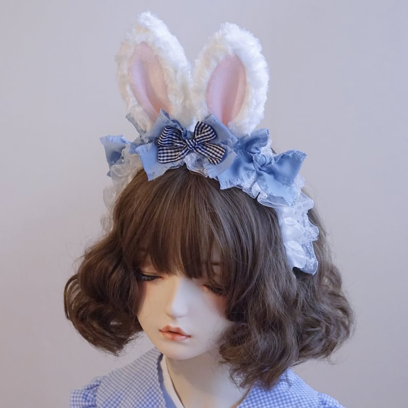 Lolita Accessories Velvet Light Blue Rabbit Ears Ruffle Headband for Spring