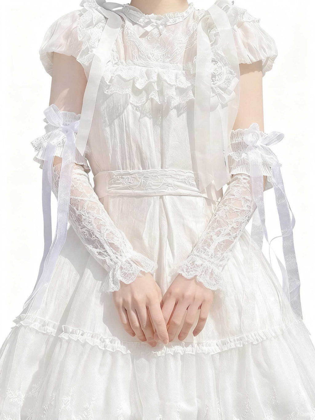 Lolita Accessories White Arm Sleeves Hand Lace Bow Cosplay for Wedding 2 Colors
