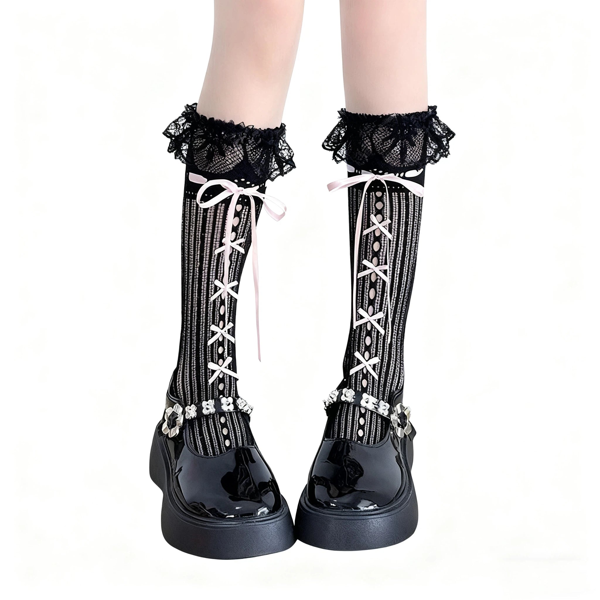 Lolita Accessories White Ballet Stockings Mary Janes Mid Calf Bow Socks 3 Colors