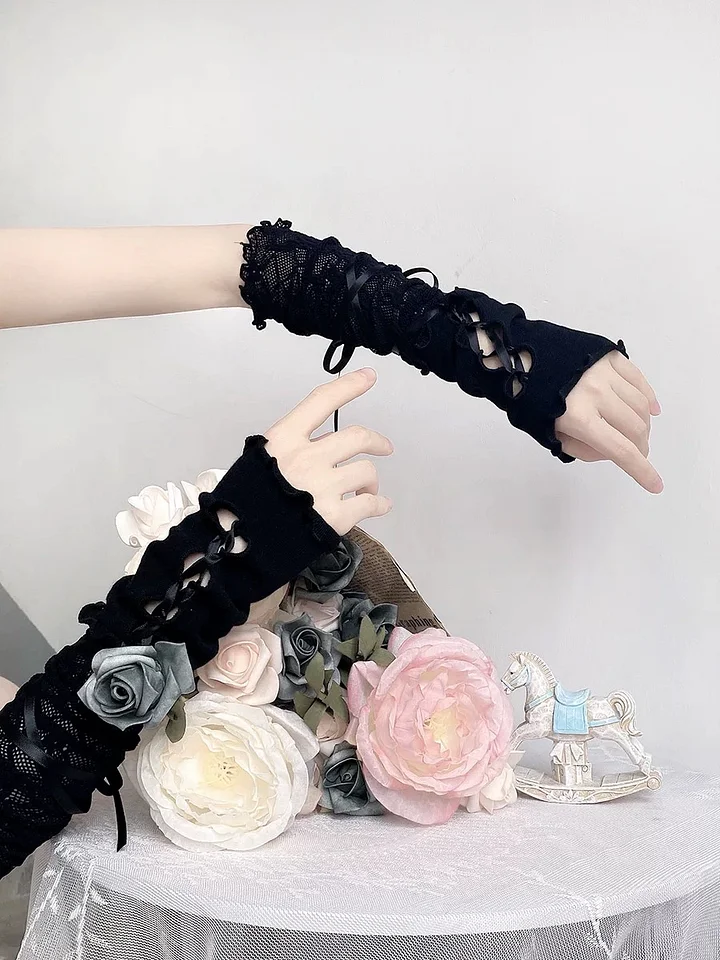 Lolita Accessories White Hand-sleeves Gothic Straps Gloves Lace with Bow