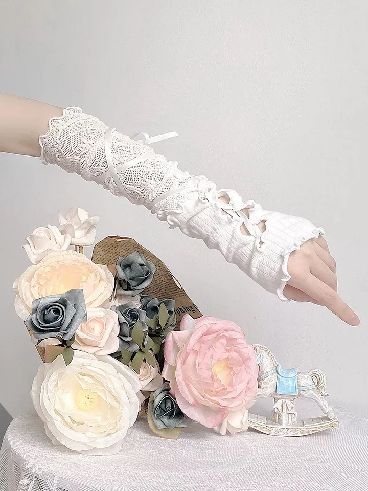 Lolita Accessories White Hand-sleeves Gothic Straps Gloves Lace with Bow