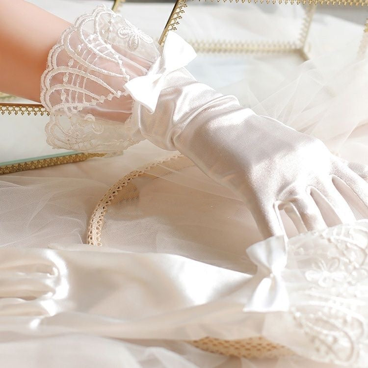 Lolita Accessories White Satin Gloves Bridal  with Lace for Wedding or Party