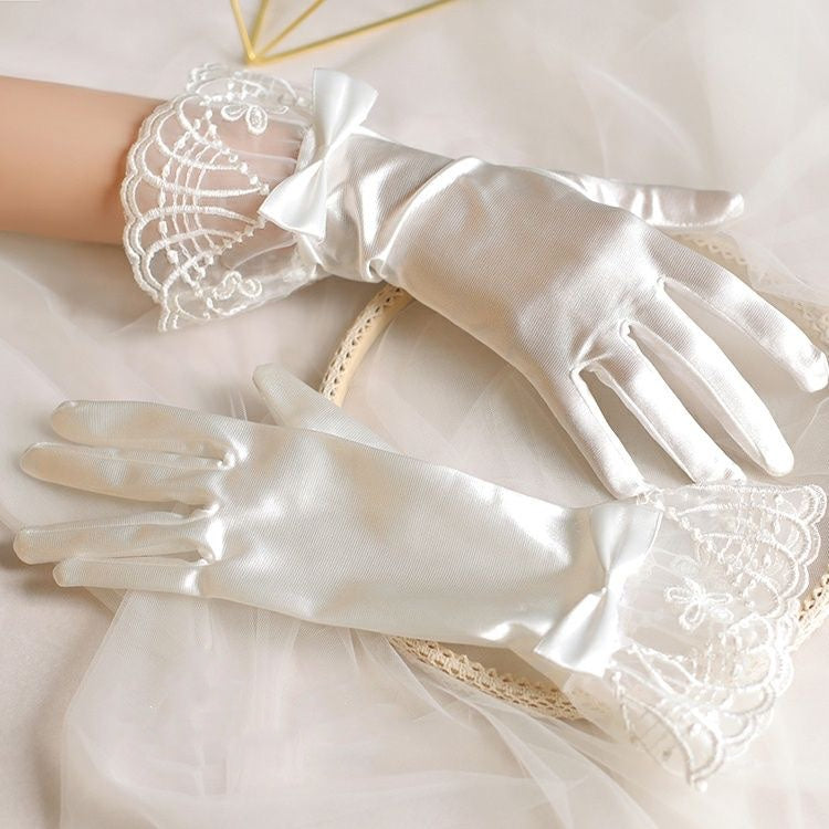 Lolita Accessories White Satin Gloves Bridal  with Lace for Wedding or Party