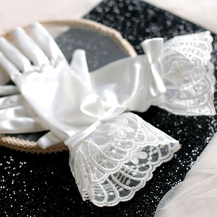 Lolita Accessories White Satin Gloves Bridal  with Lace for Wedding or Party