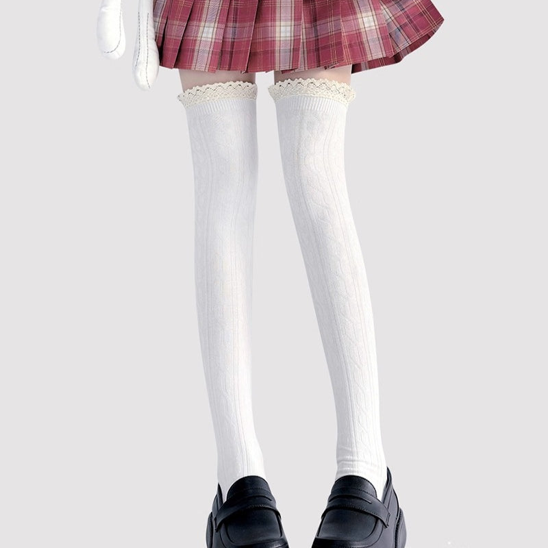 Lolita Accessories White Stockings Over-The-Knee Thick Knit Lace Socks 2 Colors