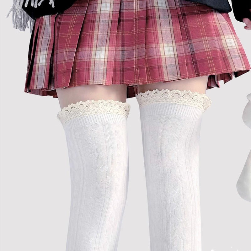 Lolita Accessories White Stockings Over-The-Knee Thick Knit Lace Socks 2 Colors