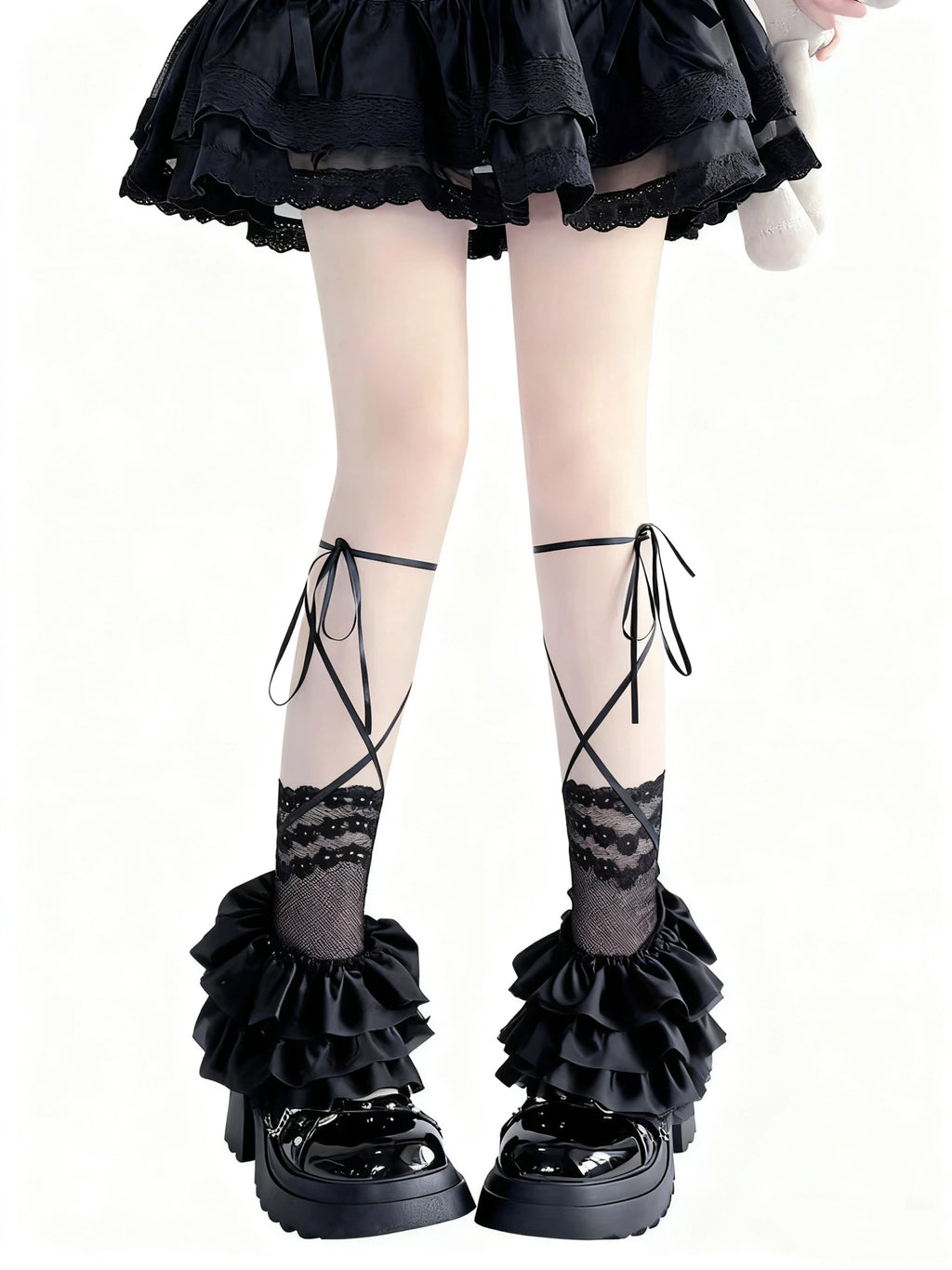 Lolita Accessories White Stockings Ribbon Tie Stacked Socks Lace Leg 3 Colors