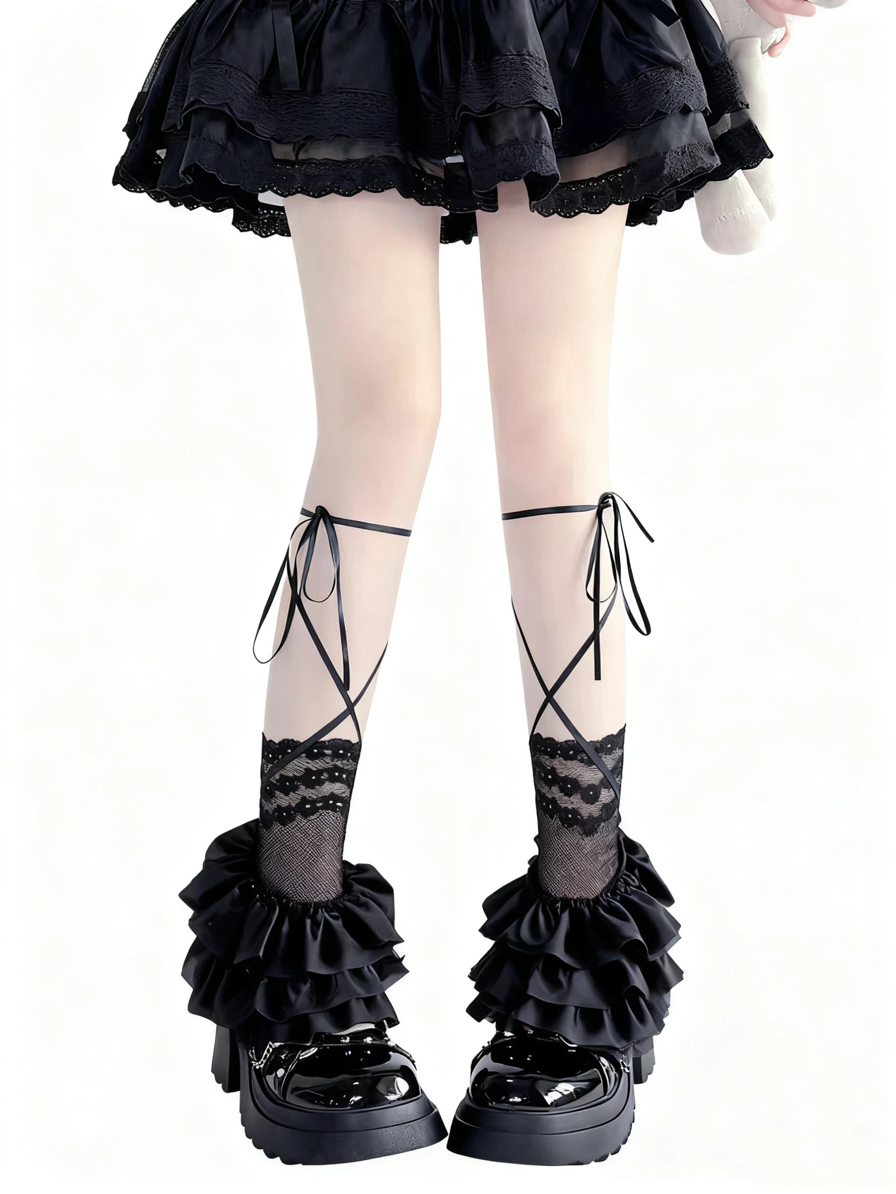 Lolita Accessories White Stockings Ribbon Tie Stacked Socks Lace Leg 3 Colors