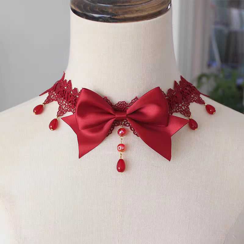 Lolita Accessory Gothic Necklace Lace Bowknot Pearl Choker 2 Colors