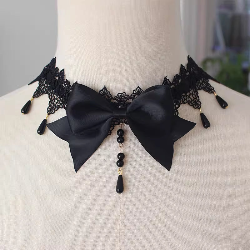 Lolita Accessory Gothic Necklace Lace Bowknot Pearl Choker 2 Colors