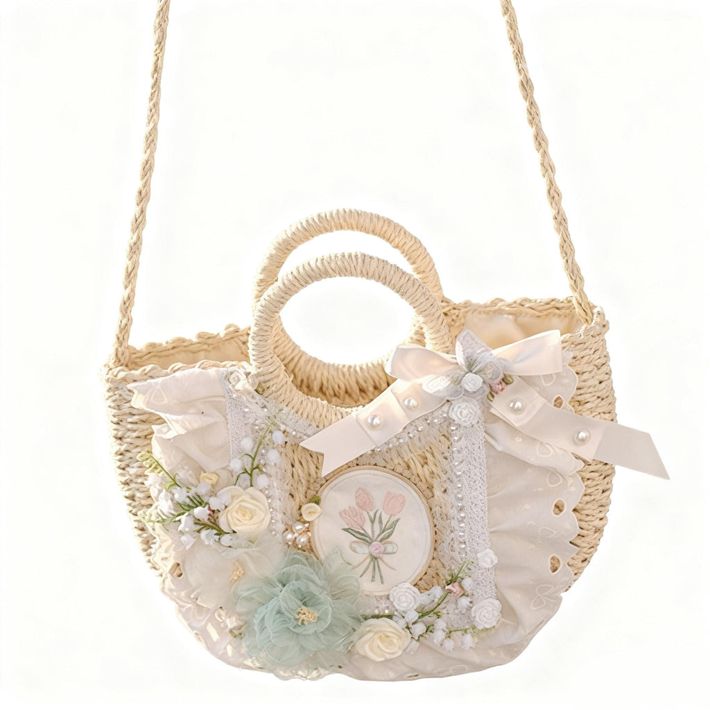 Lolita Bag Classic Bamboo Handbag Beige Four Time Flower Straw Pastoral