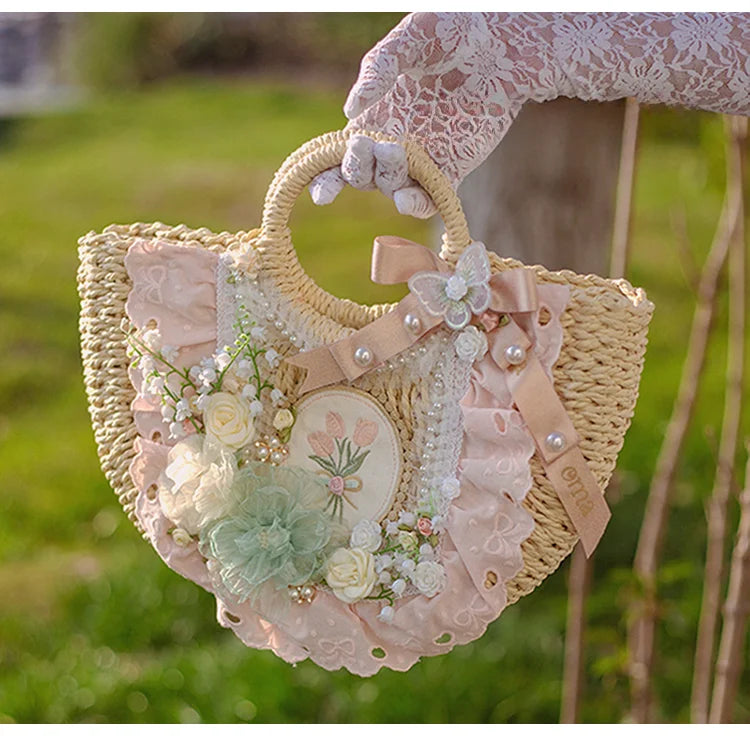Lolita Bag Classic Bamboo Handbag Beige Four Time Flower Straw Pastoral