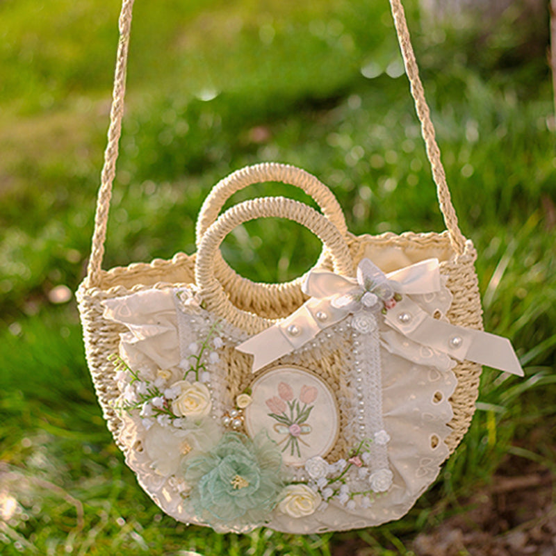Lolita Bag Classic Bamboo Handbag Beige Four Time Flower Straw Pastoral