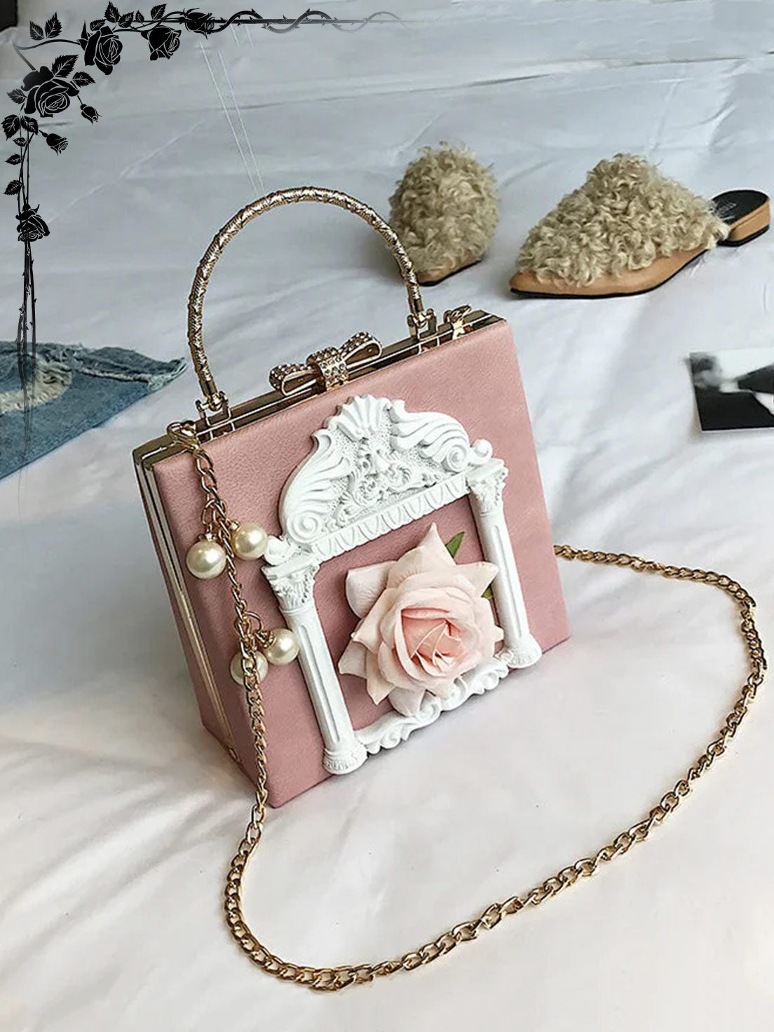 Lolita Bag Dark Baroque Style Pink Rose Square Retro Handbag Shoulder