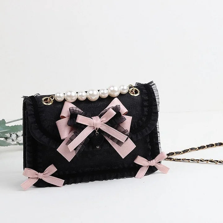 Lolita Bag Kawaii Lace Pearl Handbag with Bow Crossbody Accessories