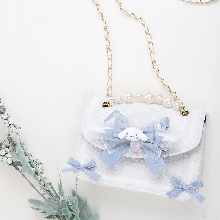 Lolita Bag Kawaii Lace Pearl Handbag with Bow Crossbody Accessories