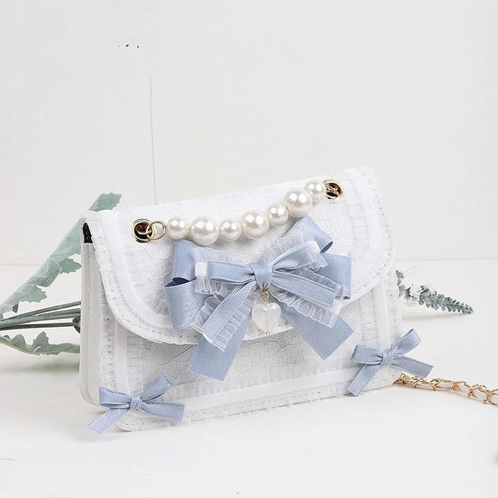 Lolita Bag Kawaii Lace Pearl Handbag with Bow Crossbody Accessories