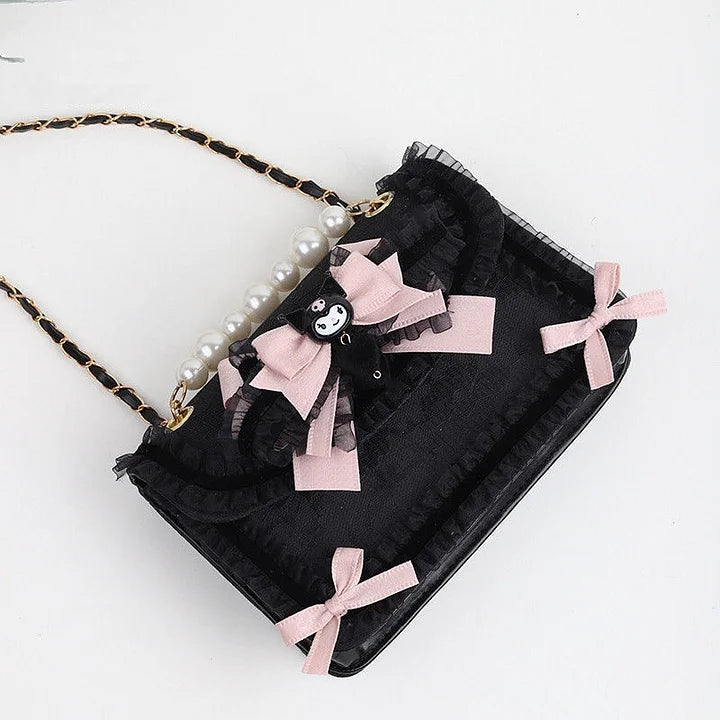 Lolita Bag Kawaii Lace Pearl Handbag with Bow Crossbody Accessories