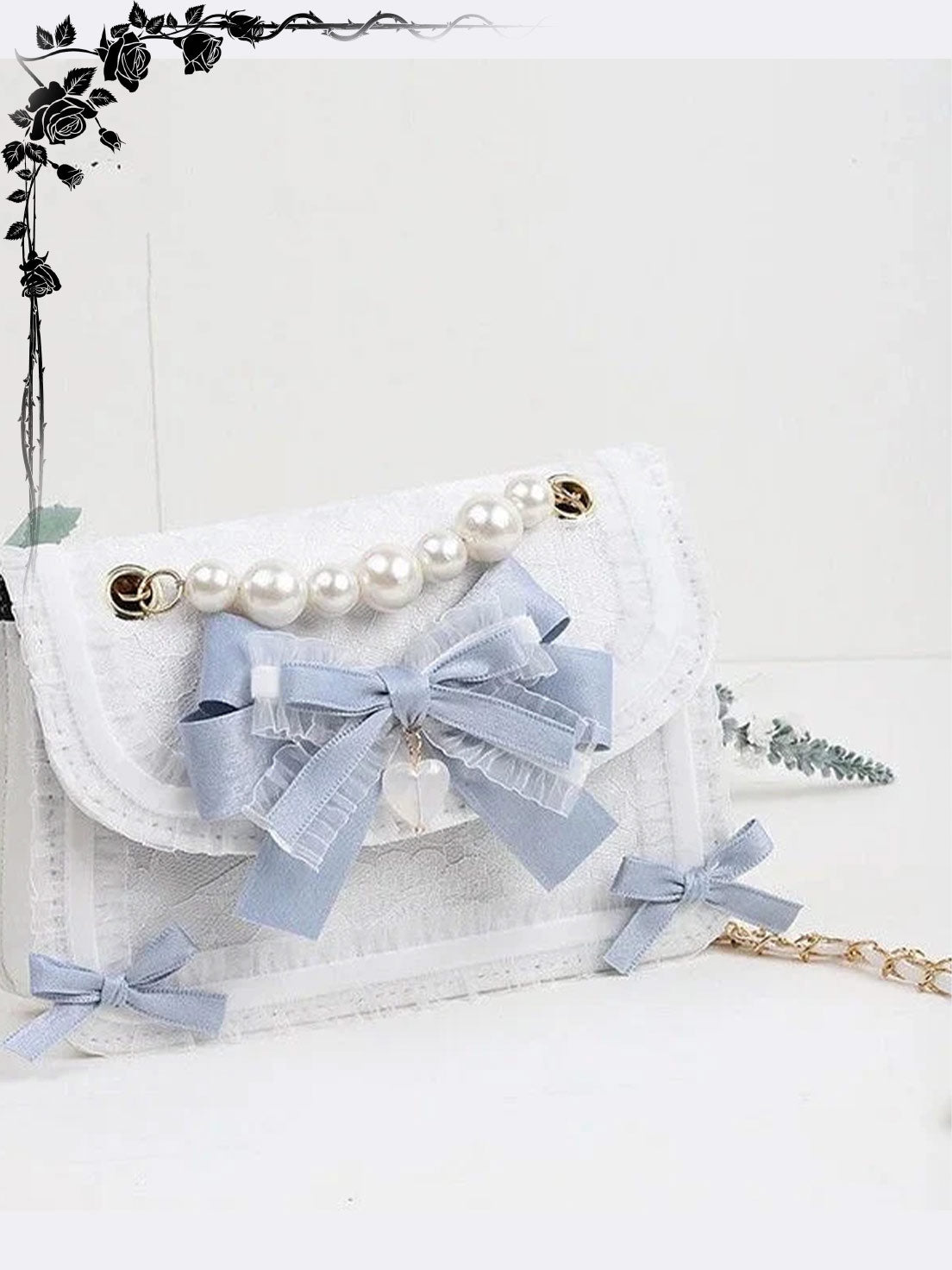 Lolita Bag Kawaii Lace Pearl Handbag with Bow Crossbody Accessories