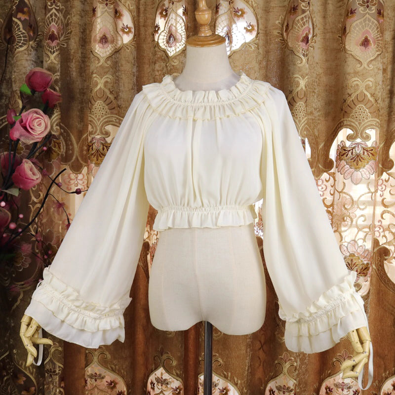 Lolita Blouse Top Chiffon Flared Sleeve 3 Colors  Round Neck Layering Shirt