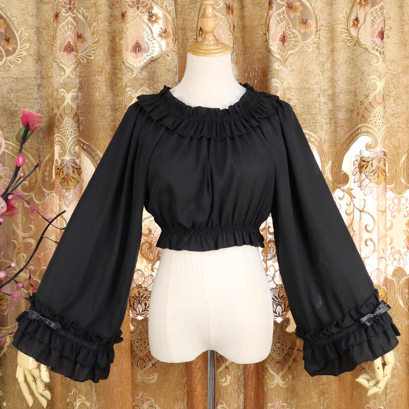 Lolita Blouse Top Chiffon Flared Sleeve 3 Colors  Round Neck Layering Shirt